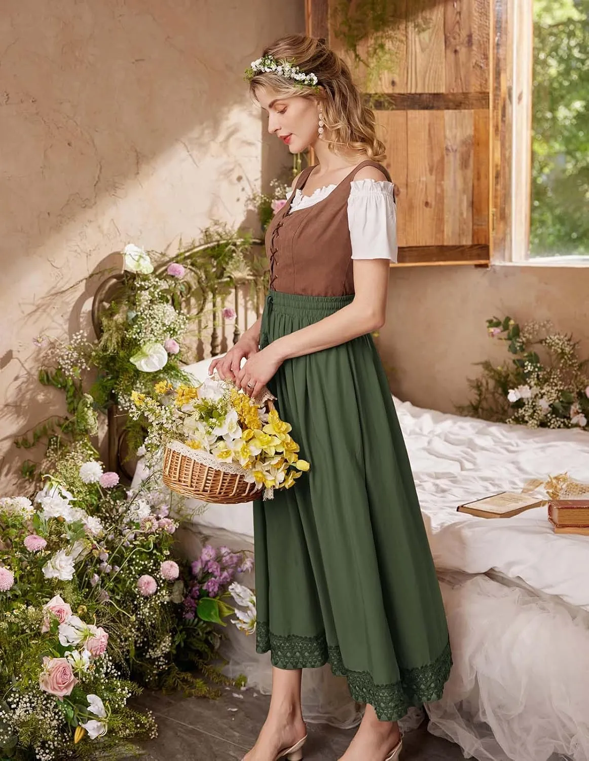 Scarlet Darkness Long Maxi Skirts for Women Elastic High Waist Drawstring Renaissance Skirt with Pockets