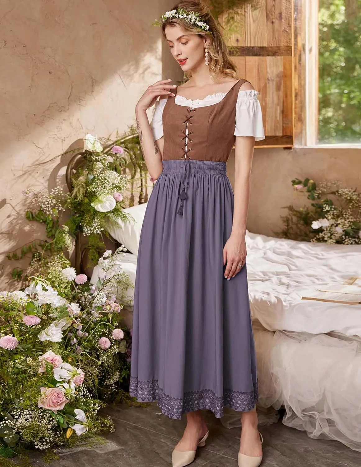 Scarlet Darkness Long Maxi Skirts for Women Elastic High Waist Drawstring Renaissance Skirt with Pockets