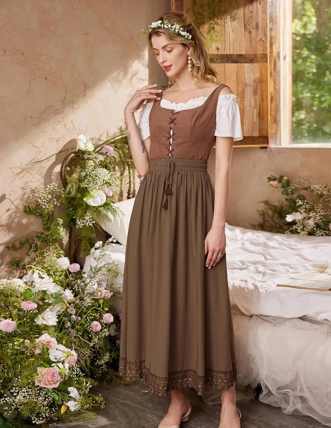 Scarlet Darkness Long Maxi Skirts for Women Elastic High Waist Drawstring Renaissance Skirt with Pockets