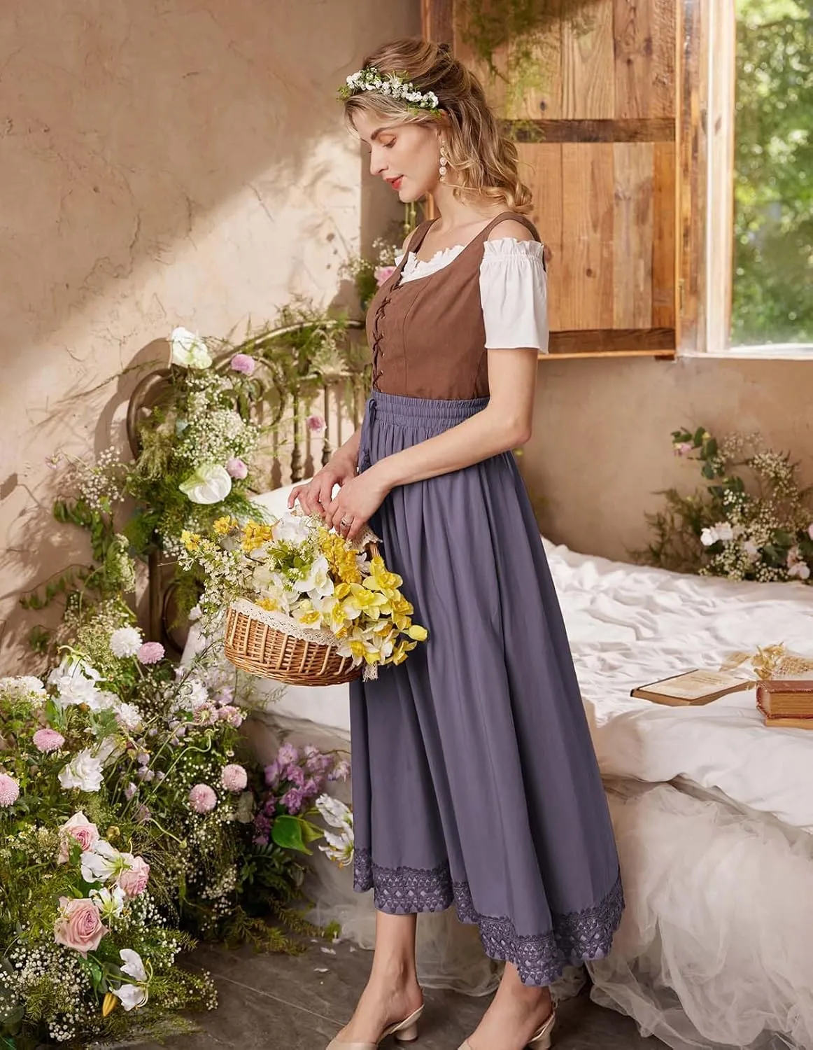 Scarlet Darkness Long Maxi Skirts for Women Elastic High Waist Drawstring Renaissance Skirt with Pockets