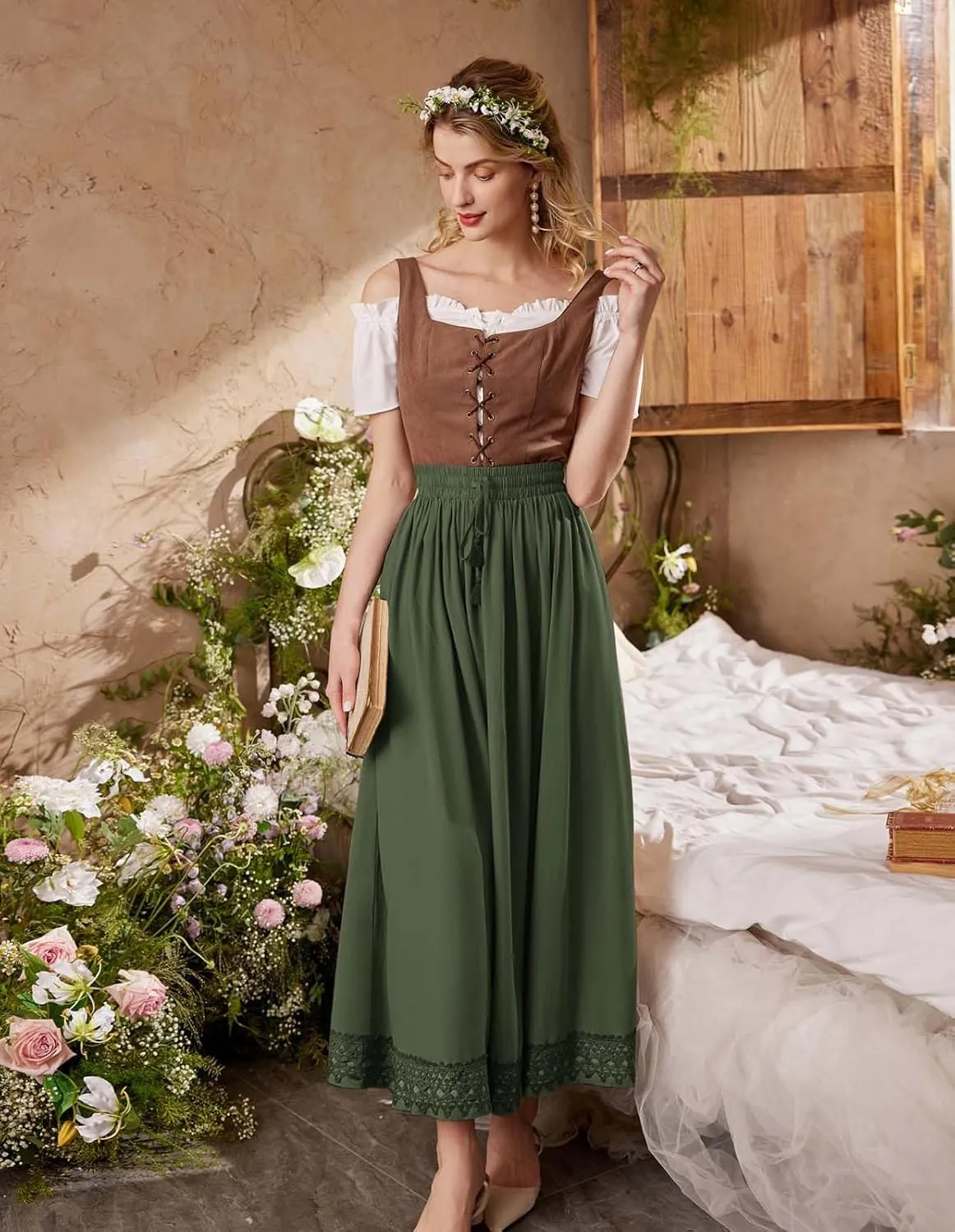 Scarlet Darkness Long Maxi Skirts for Women Elastic High Waist Drawstring Renaissance Skirt with Pockets