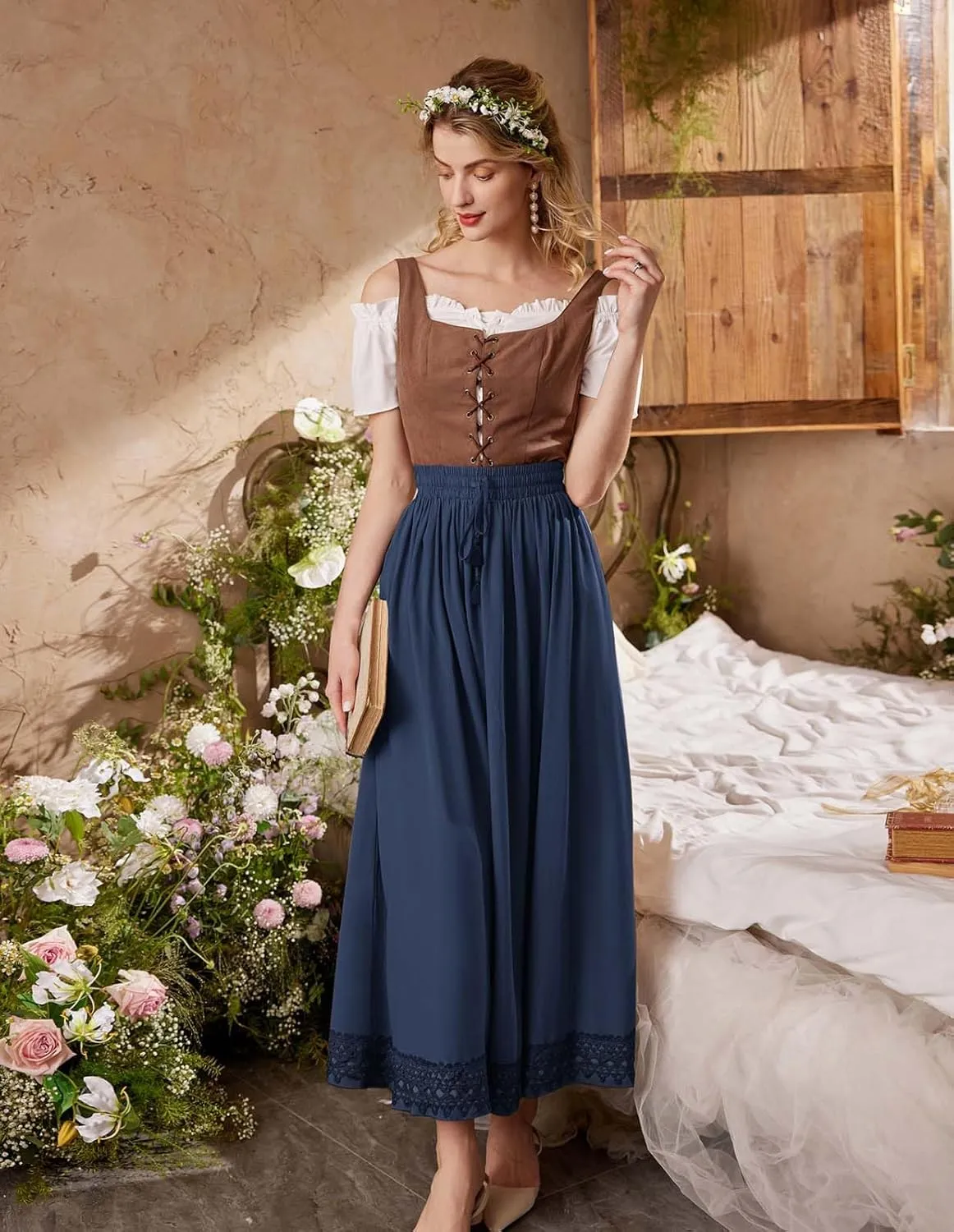 Scarlet Darkness Long Maxi Skirts for Women Elastic High Waist Drawstring Renaissance Skirt with Pockets
