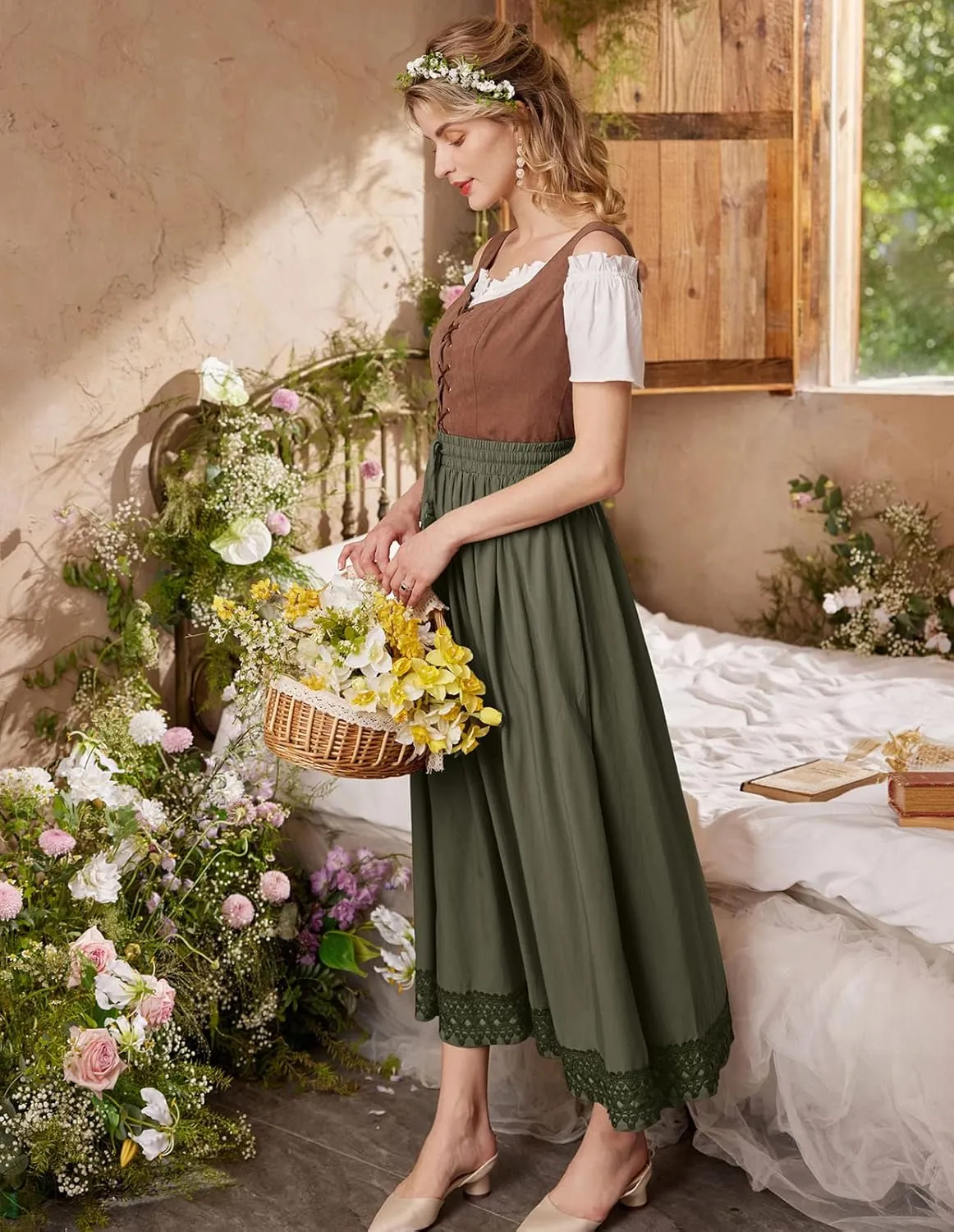 Scarlet Darkness Long Maxi Skirts for Women Elastic High Waist Drawstring Renaissance Skirt with Pockets
