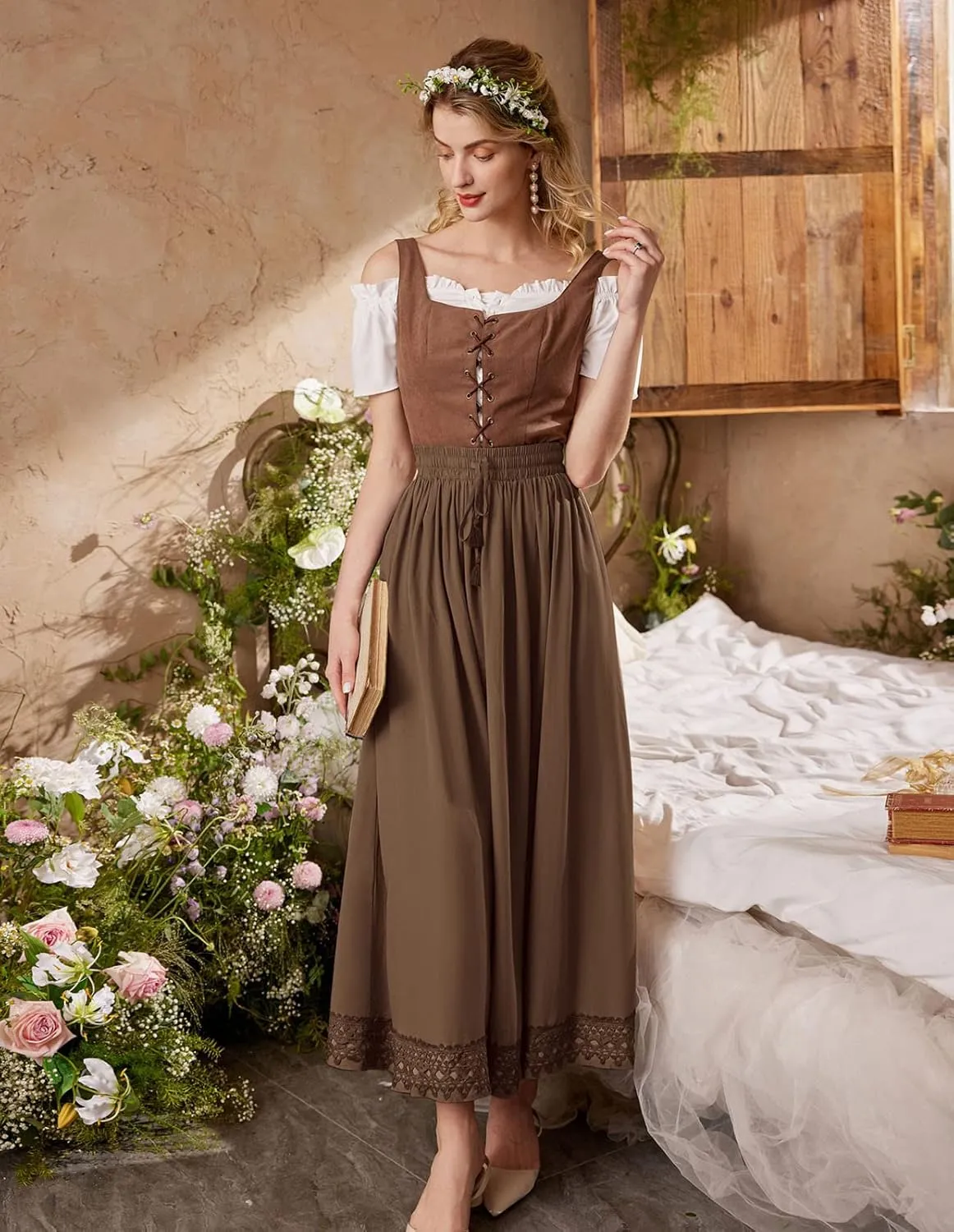 Scarlet Darkness Long Maxi Skirts for Women Elastic High Waist Drawstring Renaissance Skirt with Pockets