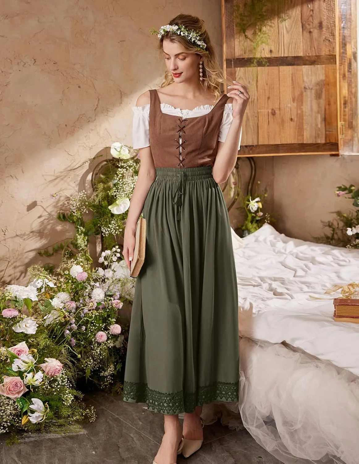Scarlet Darkness Long Maxi Skirts for Women Elastic High Waist Drawstring Renaissance Skirt with Pockets