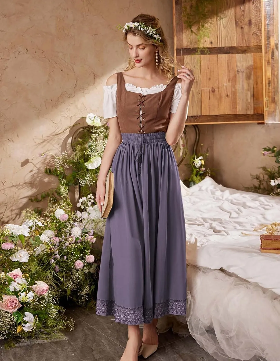Scarlet Darkness Long Maxi Skirts for Women Elastic High Waist Drawstring Renaissance Skirt with Pockets