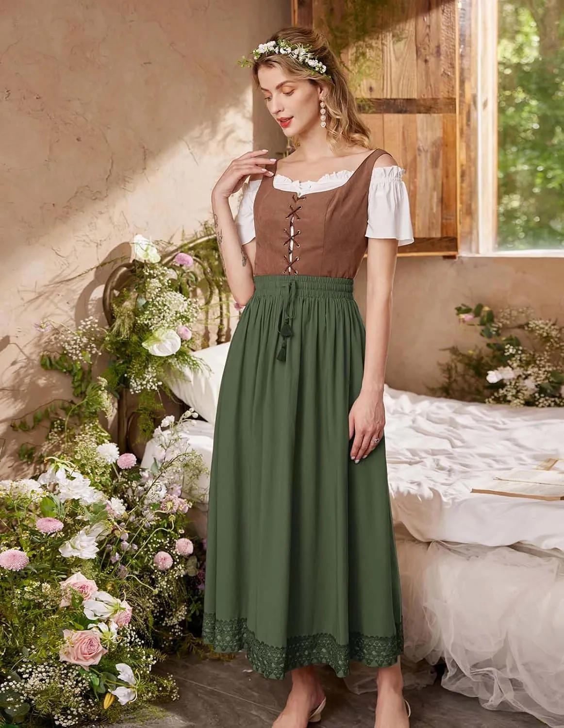 Scarlet Darkness Long Maxi Skirts for Women Elastic High Waist Drawstring Renaissance Skirt with Pockets