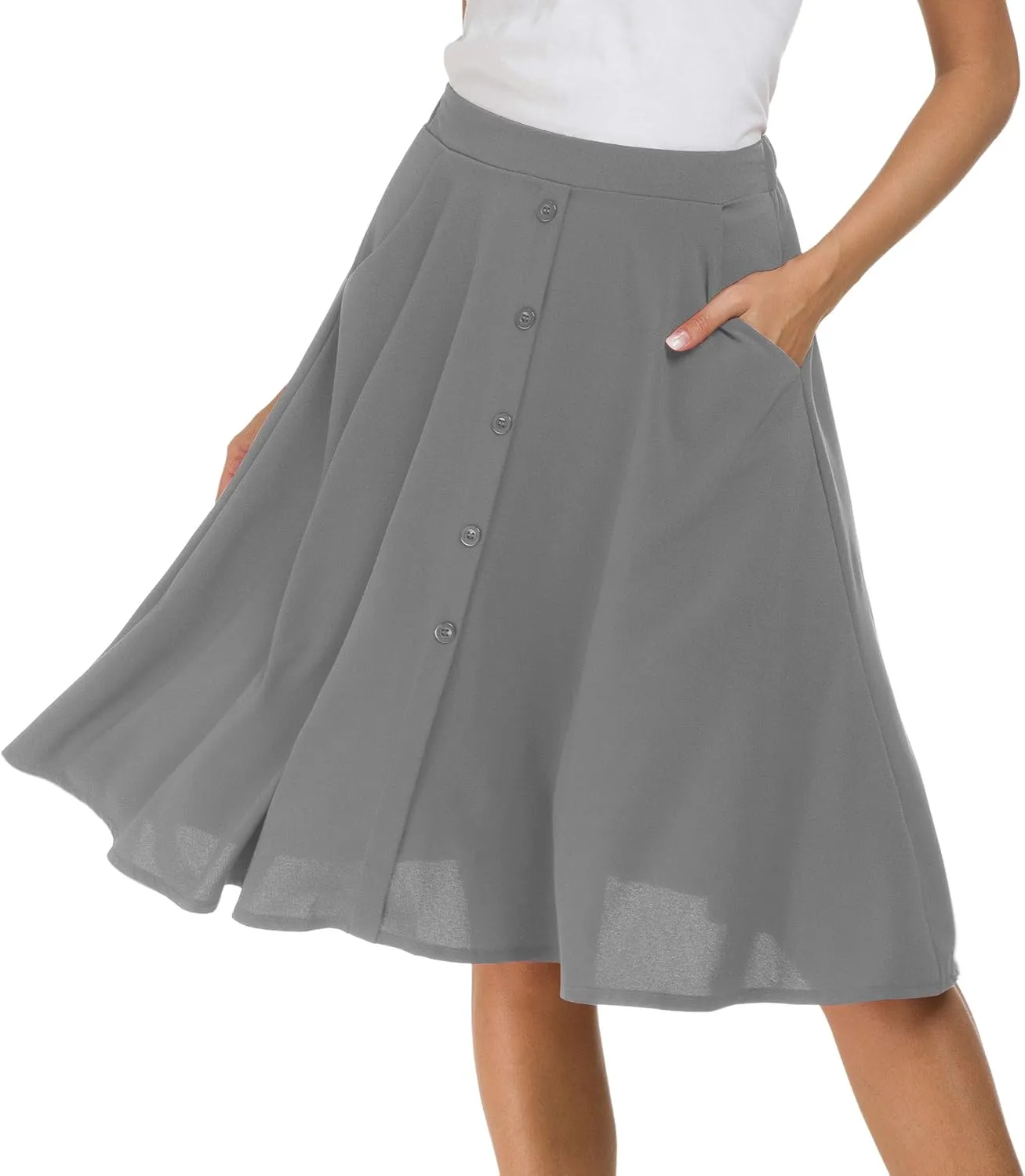 Sinono Womens Casual Pleated High Waisted A Line Midi Button Front Skirts with Pockets