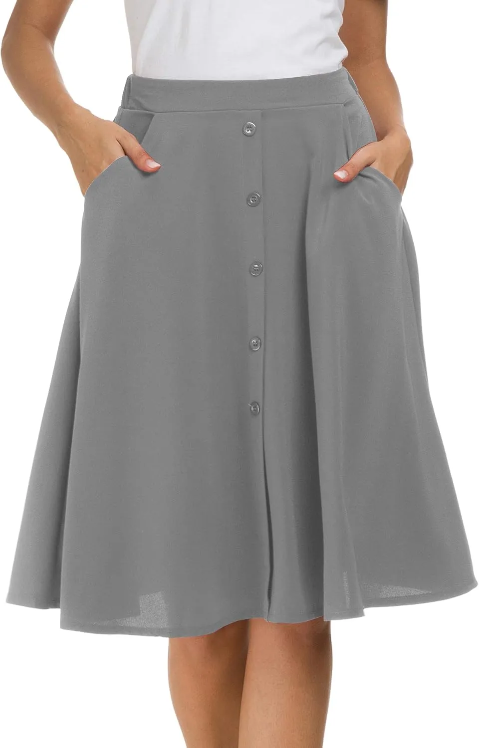 Sinono Womens Casual Pleated High Waisted A Line Midi Button Front Skirts with Pockets