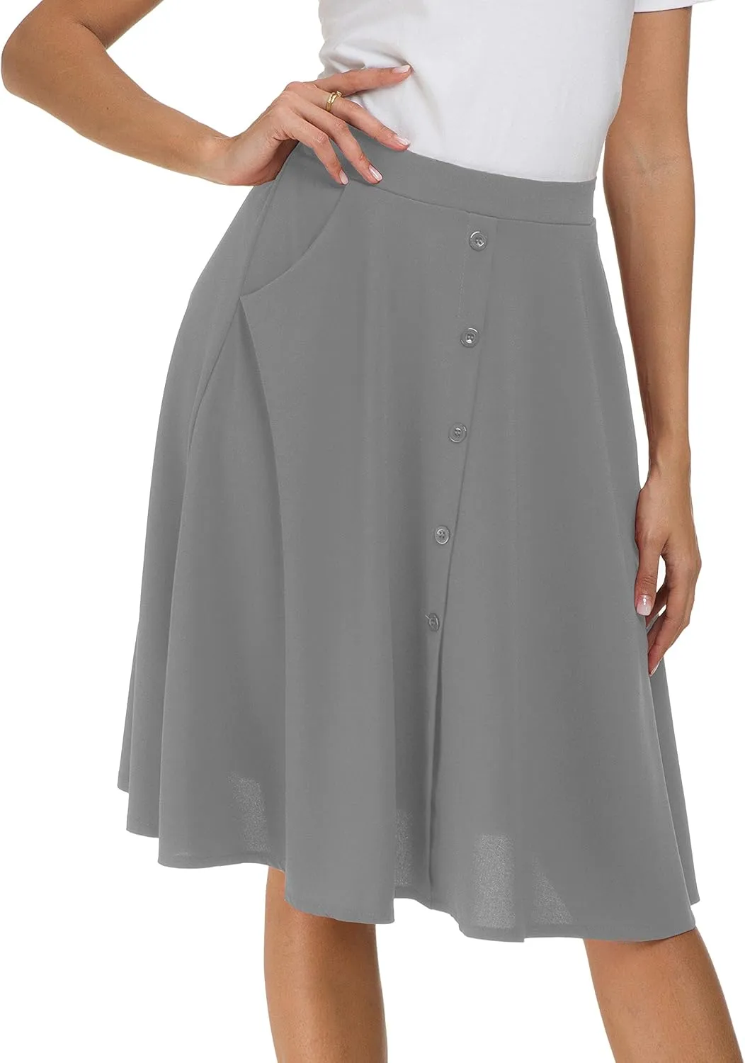 Sinono Womens Casual Pleated High Waisted A Line Midi Button Front Skirts with Pockets