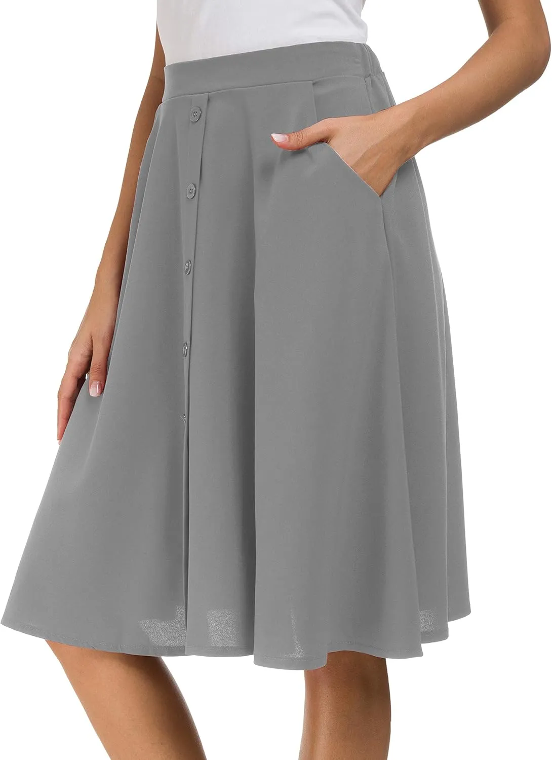 Sinono Womens Casual Pleated High Waisted A Line Midi Button Front Skirts with Pockets