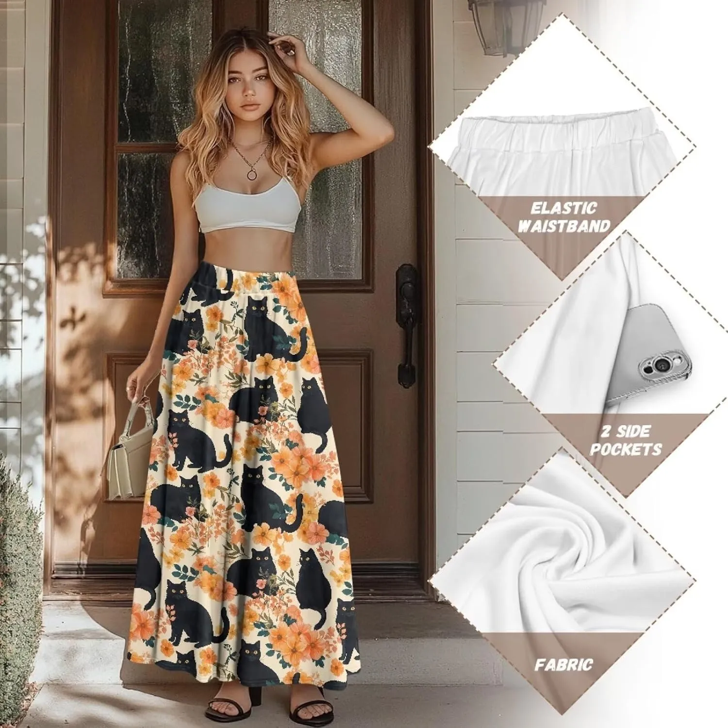 Skirts for Women Long Length High Waisted Pleated Midi Skirt with Pockets Breathable Boho Long Maxi Skort Plus Size