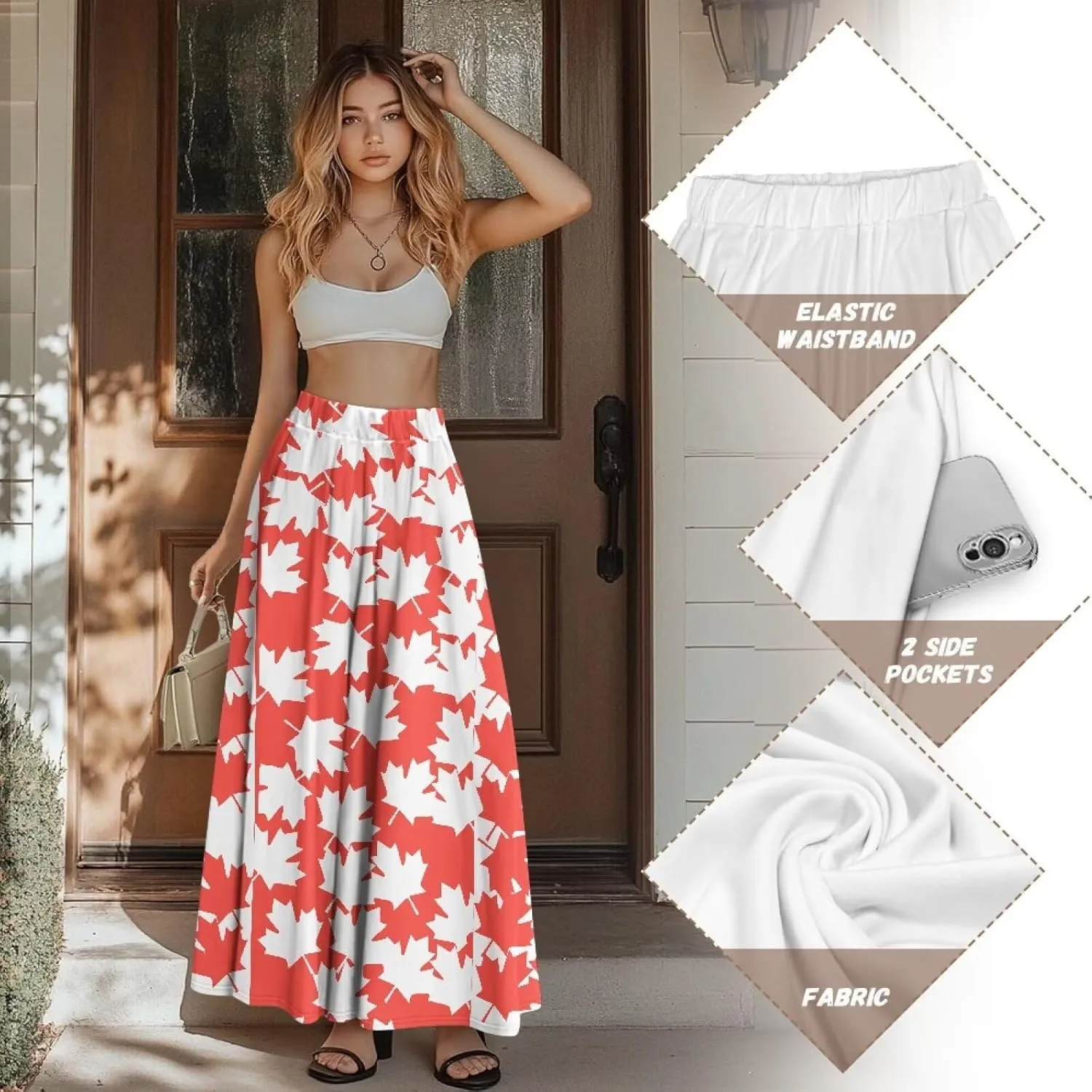 Skirts for Women Long Length High Waisted Pleated Midi Skirt with Pockets Breathable Boho Long Maxi Skort Plus Size