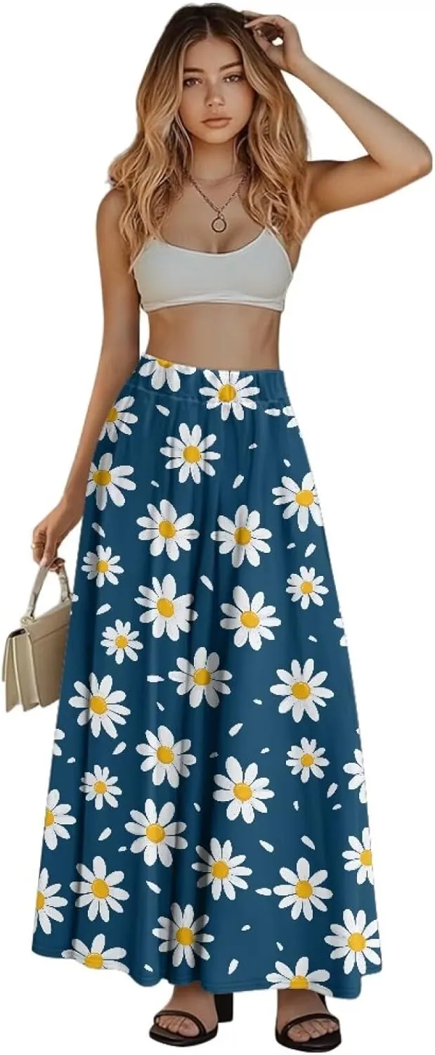 Skirts for Women Long Length High Waisted Pleated Midi Skirt with Pockets Breathable Boho Long Maxi Skort Plus Size