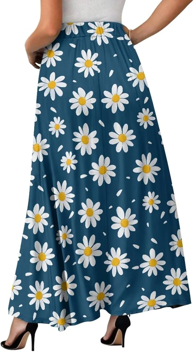 Skirts for Women Long Length High Waisted Pleated Midi Skirt with Pockets Breathable Boho Long Maxi Skort Plus Size