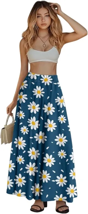Skirts for Women Long Length High Waisted Pleated Midi Skirt with Pockets Breathable Boho Long Maxi Skort Plus Size