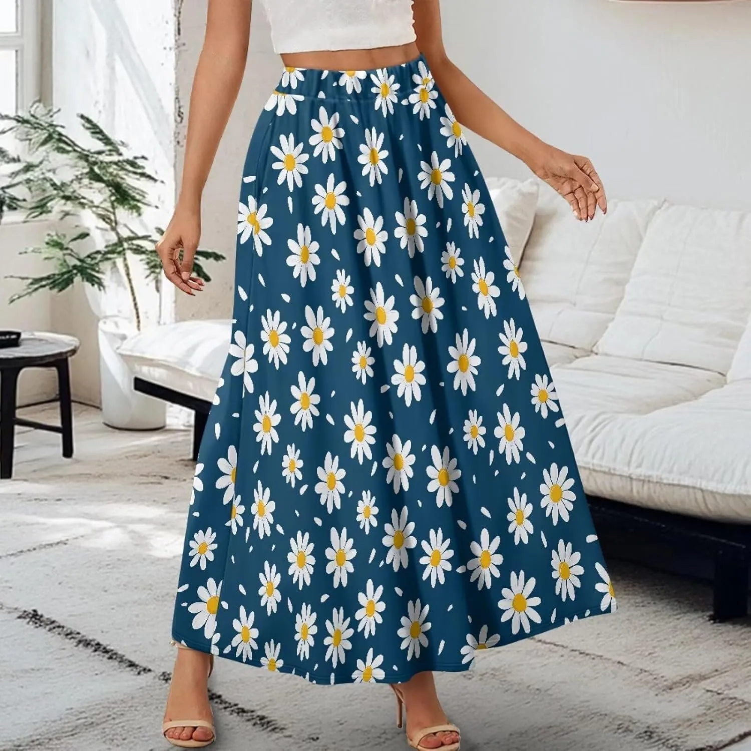 Skirts for Women Long Length High Waisted Pleated Midi Skirt with Pockets Breathable Boho Long Maxi Skort Plus Size