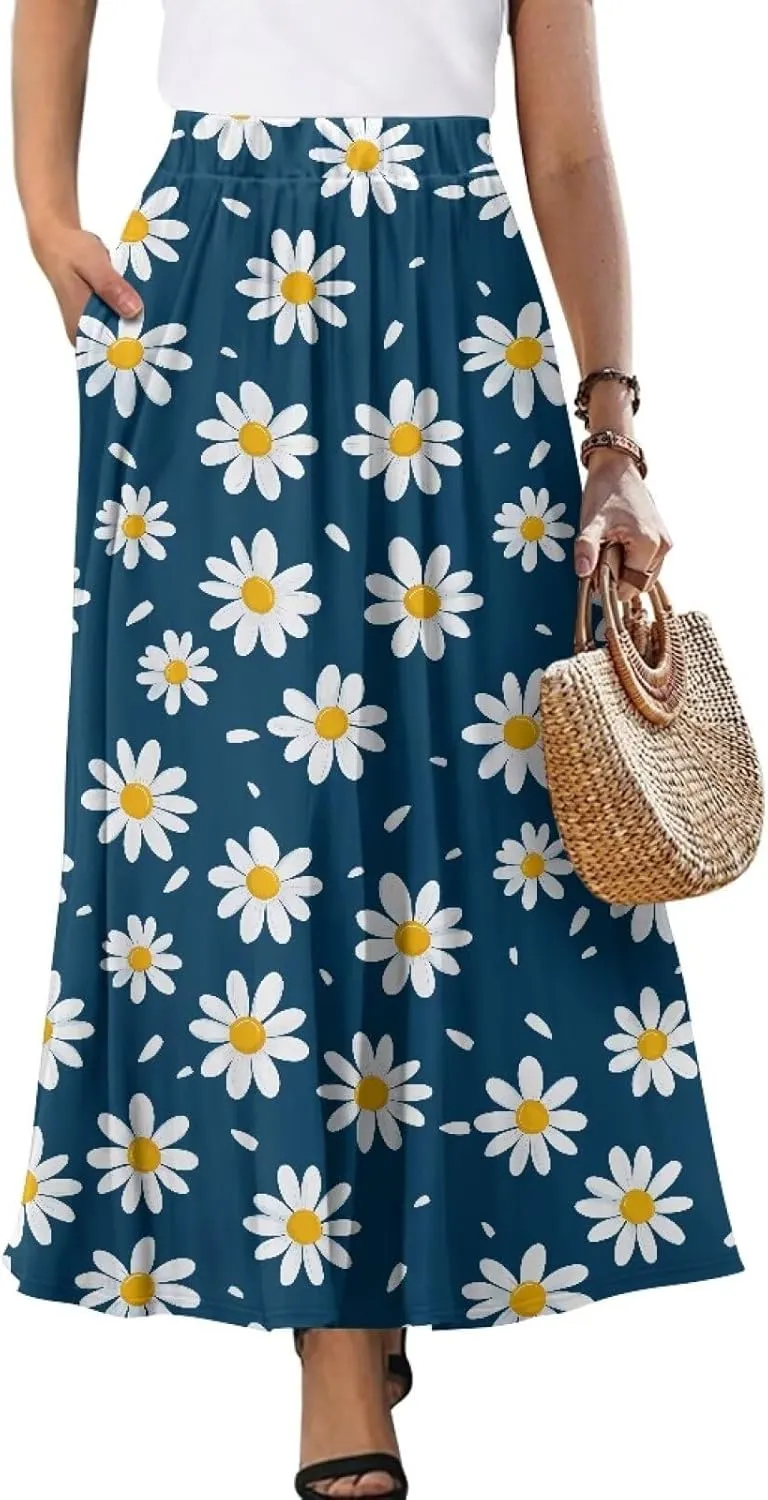 Skirts for Women Long Length High Waisted Pleated Midi Skirt with Pockets Breathable Boho Long Maxi Skort Plus Size