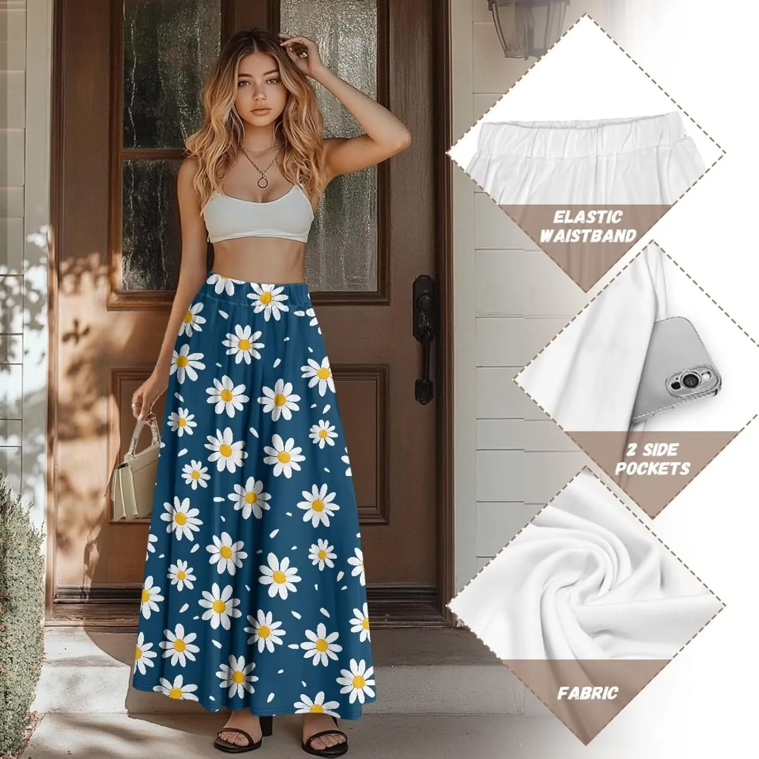 Skirts for Women Long Length High Waisted Pleated Midi Skirt with Pockets Breathable Boho Long Maxi Skort Plus Size