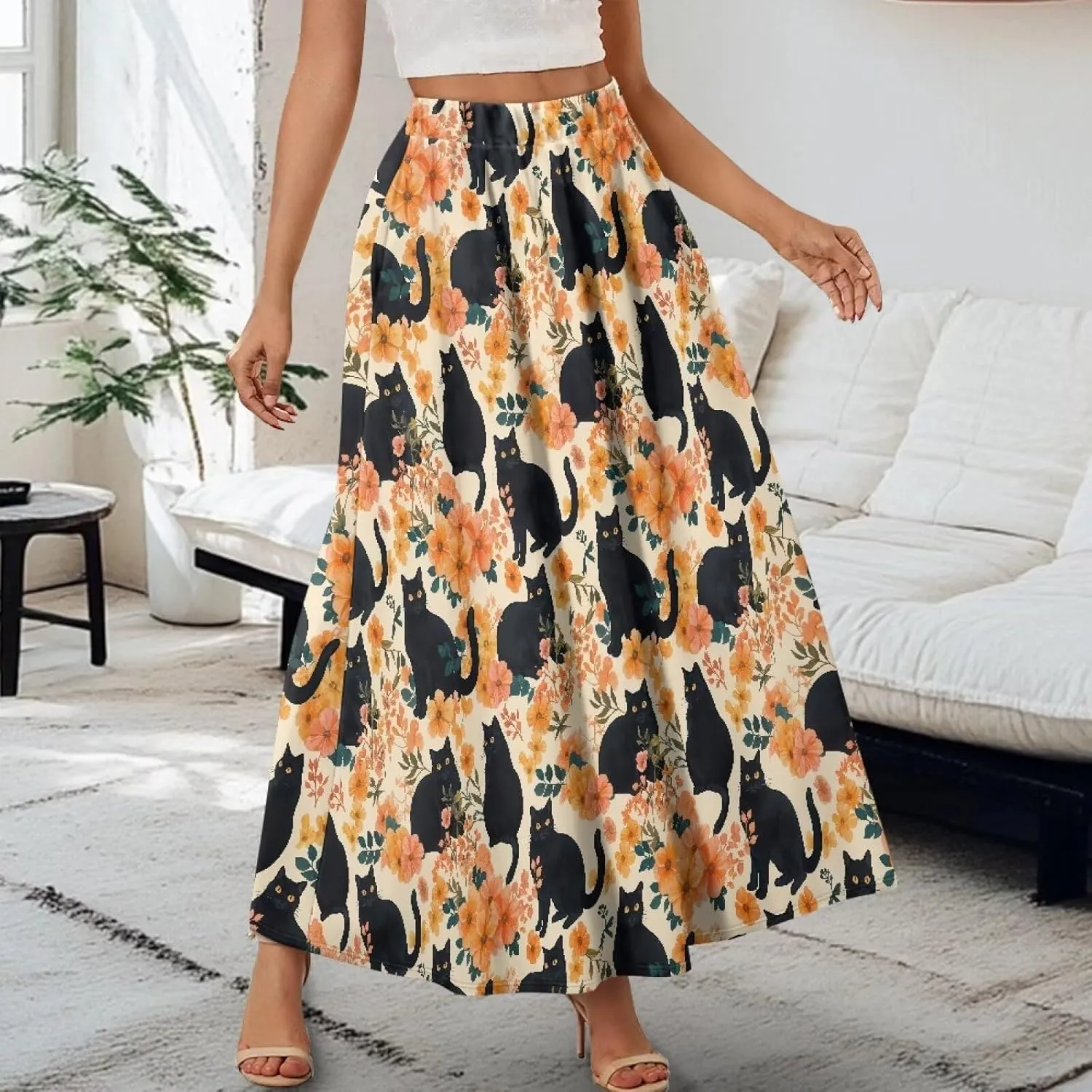 Skirts for Women Long Length High Waisted Pleated Midi Skirt with Pockets Breathable Boho Long Maxi Skort Plus Size