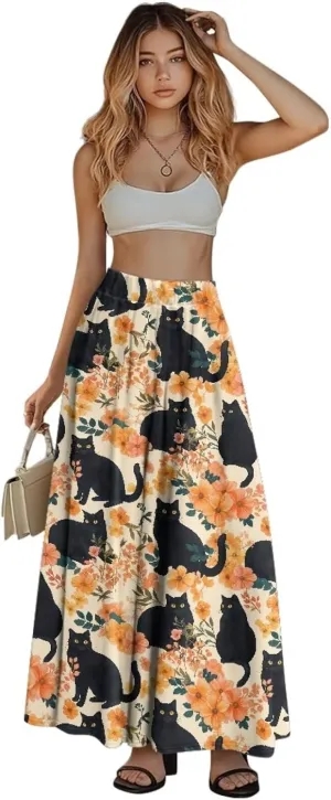 Skirts for Women Long Length High Waisted Pleated Midi Skirt with Pockets Breathable Boho Long Maxi Skort Plus Size