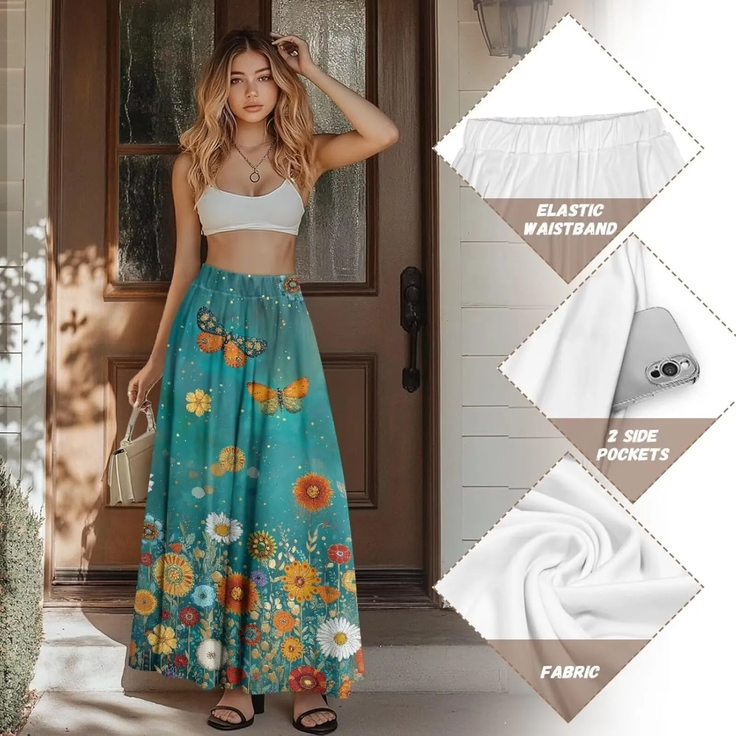 Skirts for Women Long Length High Waisted Pleated Midi Skirt with Pockets Breathable Boho Long Maxi Skort Plus Size
