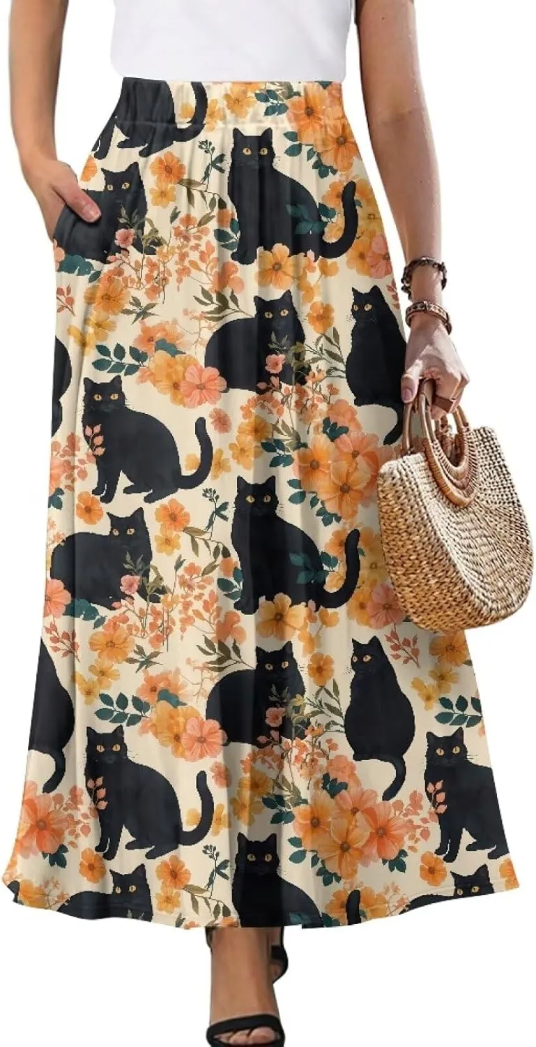 Skirts for Women Long Length High Waisted Pleated Midi Skirt with Pockets Breathable Boho Long Maxi Skort Plus Size