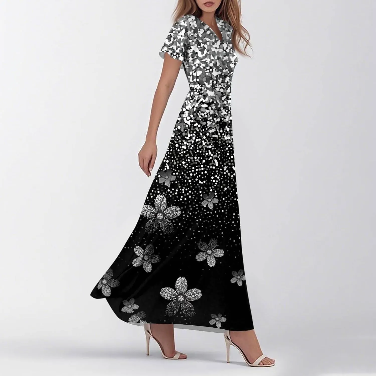 Summer Dresses for Women 2025 Floral V Neck Wrap Short Sleeve Dress Flowy Ruffle Elegant Casual Wedding Guest Dresses