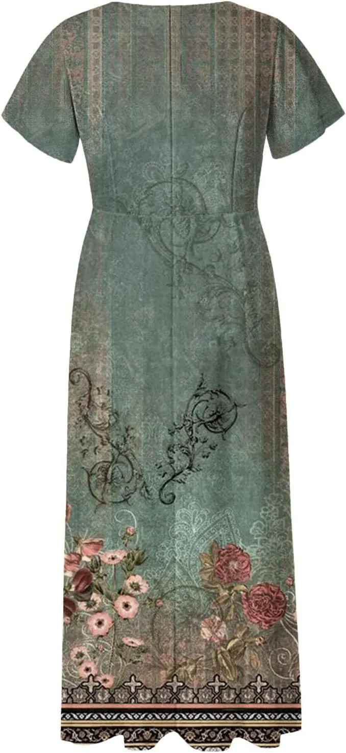 Summer Dresses for Women 2025 Floral V Neck Wrap Short Sleeve Dress Flowy Ruffle Elegant Casual Wedding Guest Dresses