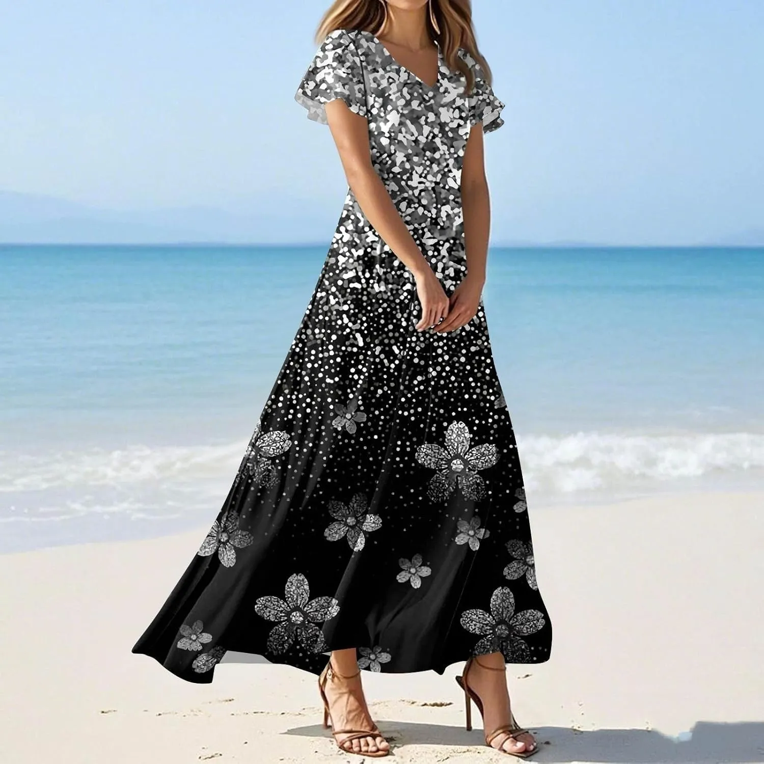 Summer Dresses for Women 2025 Floral V Neck Wrap Short Sleeve Dress Flowy Ruffle Elegant Casual Wedding Guest Dresses