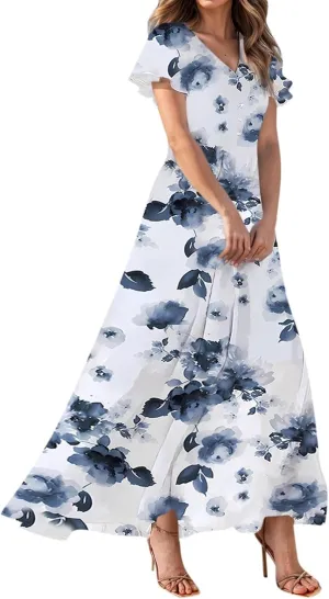 Summer Dresses for Women 2025 Floral V Neck Wrap Short Sleeve Dress Flowy Ruffle Elegant Casual Wedding Guest Dresses