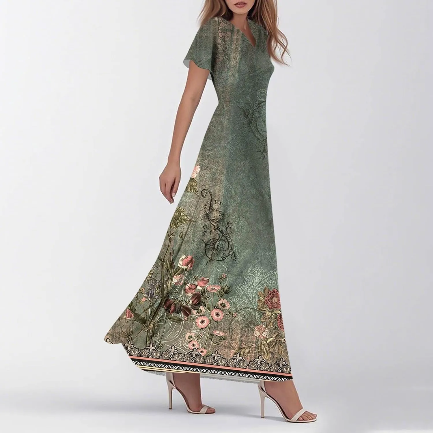 Summer Dresses for Women 2025 Floral V Neck Wrap Short Sleeve Dress Flowy Ruffle Elegant Casual Wedding Guest Dresses