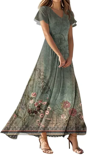 Summer Dresses for Women 2025 Floral V Neck Wrap Short Sleeve Dress Flowy Ruffle Elegant Casual Wedding Guest Dresses
