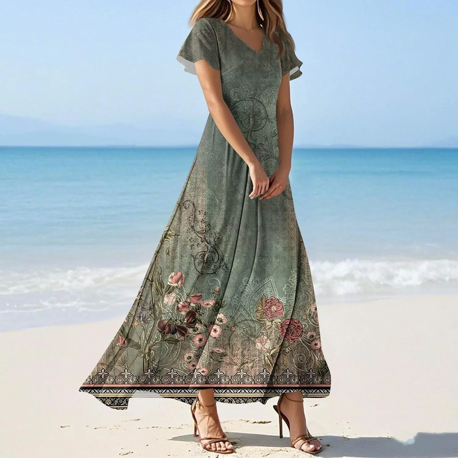 Summer Dresses for Women 2025 Floral V Neck Wrap Short Sleeve Dress Flowy Ruffle Elegant Casual Wedding Guest Dresses