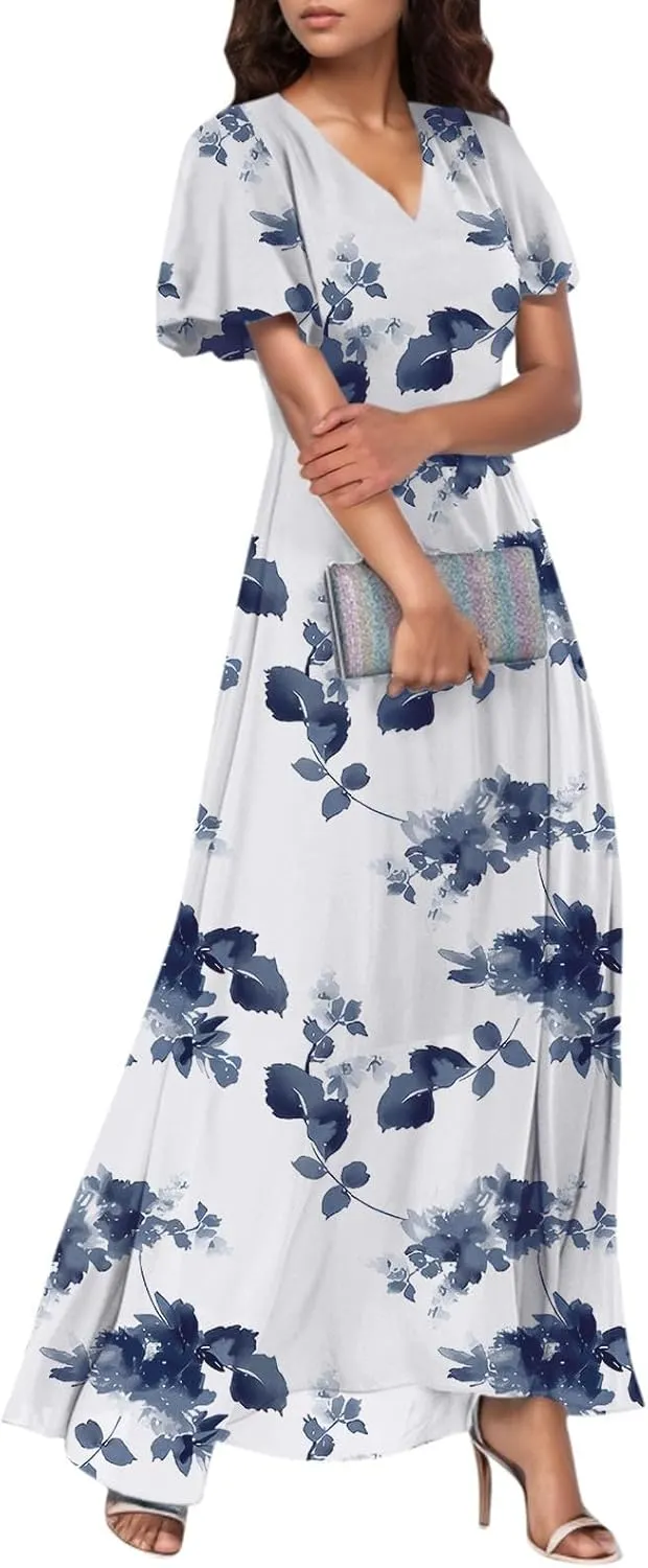 Summer Dresses for Women 2025 Floral V Neck Wrap Short Sleeve Dress Flowy Ruffle Elegant Casual Wedding Guest Dresses