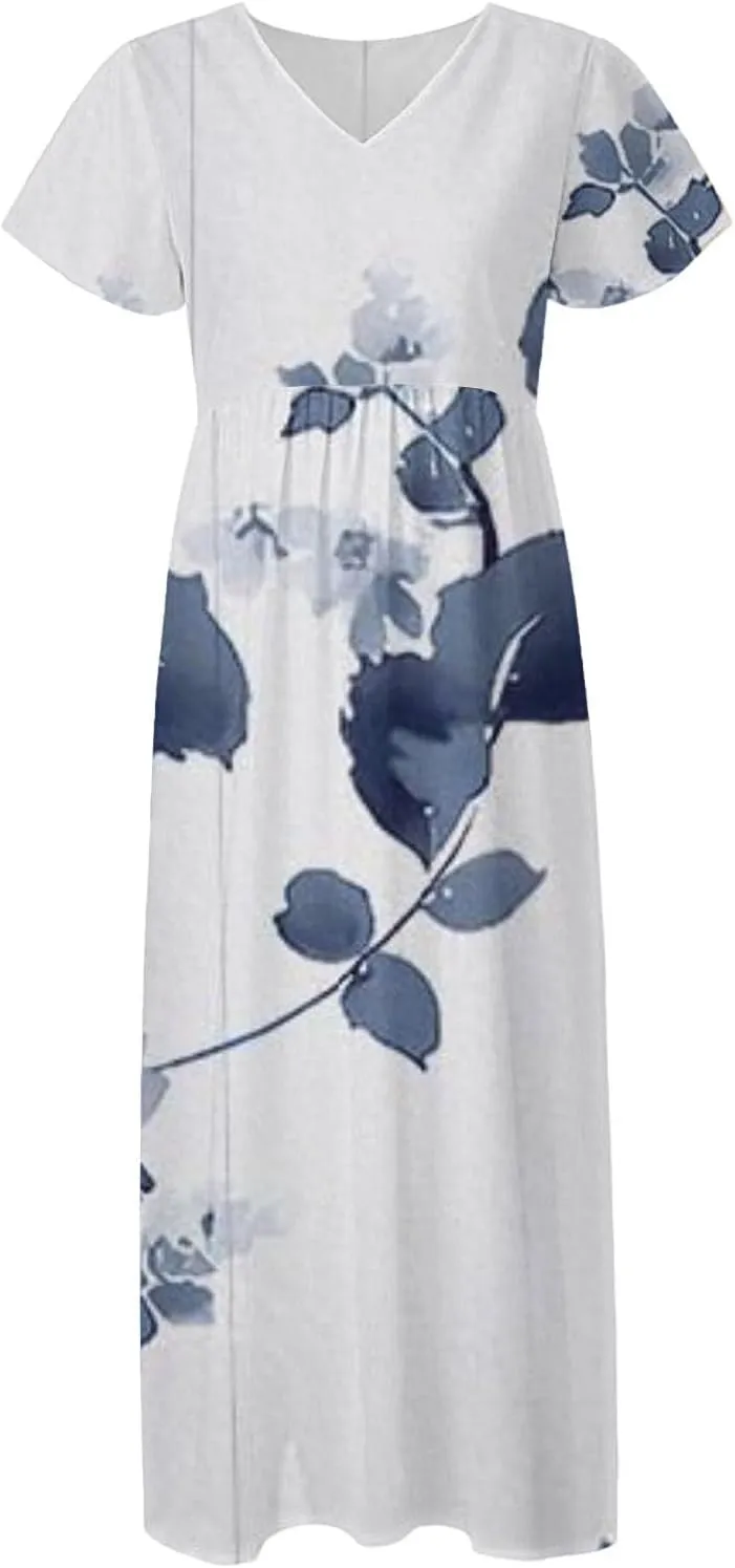 Summer Dresses for Women 2025 Floral V Neck Wrap Short Sleeve Dress Flowy Ruffle Elegant Casual Wedding Guest Dresses