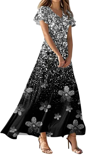 Summer Dresses for Women 2025 Floral V Neck Wrap Short Sleeve Dress Flowy Ruffle Elegant Casual Wedding Guest Dresses