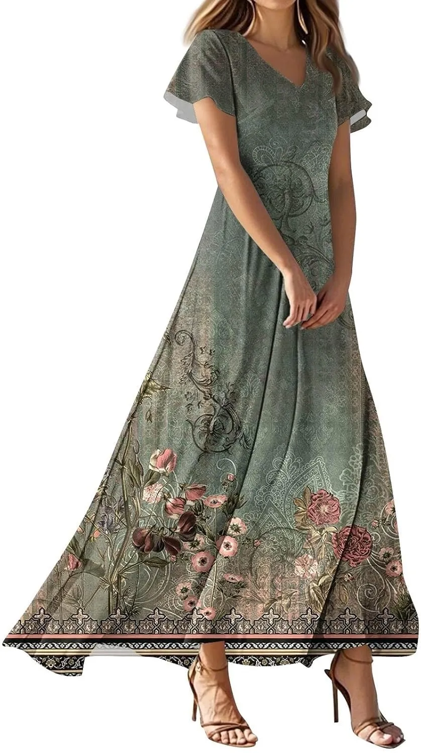 Summer Dresses for Women 2025 Floral V Neck Wrap Short Sleeve Dress Flowy Ruffle Elegant Casual Wedding Guest Dresses