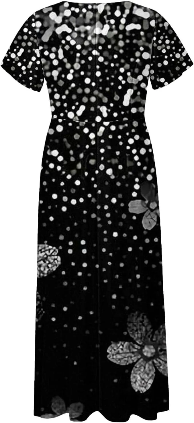Summer Dresses for Women 2025 Floral V Neck Wrap Short Sleeve Dress Flowy Ruffle Elegant Casual Wedding Guest Dresses