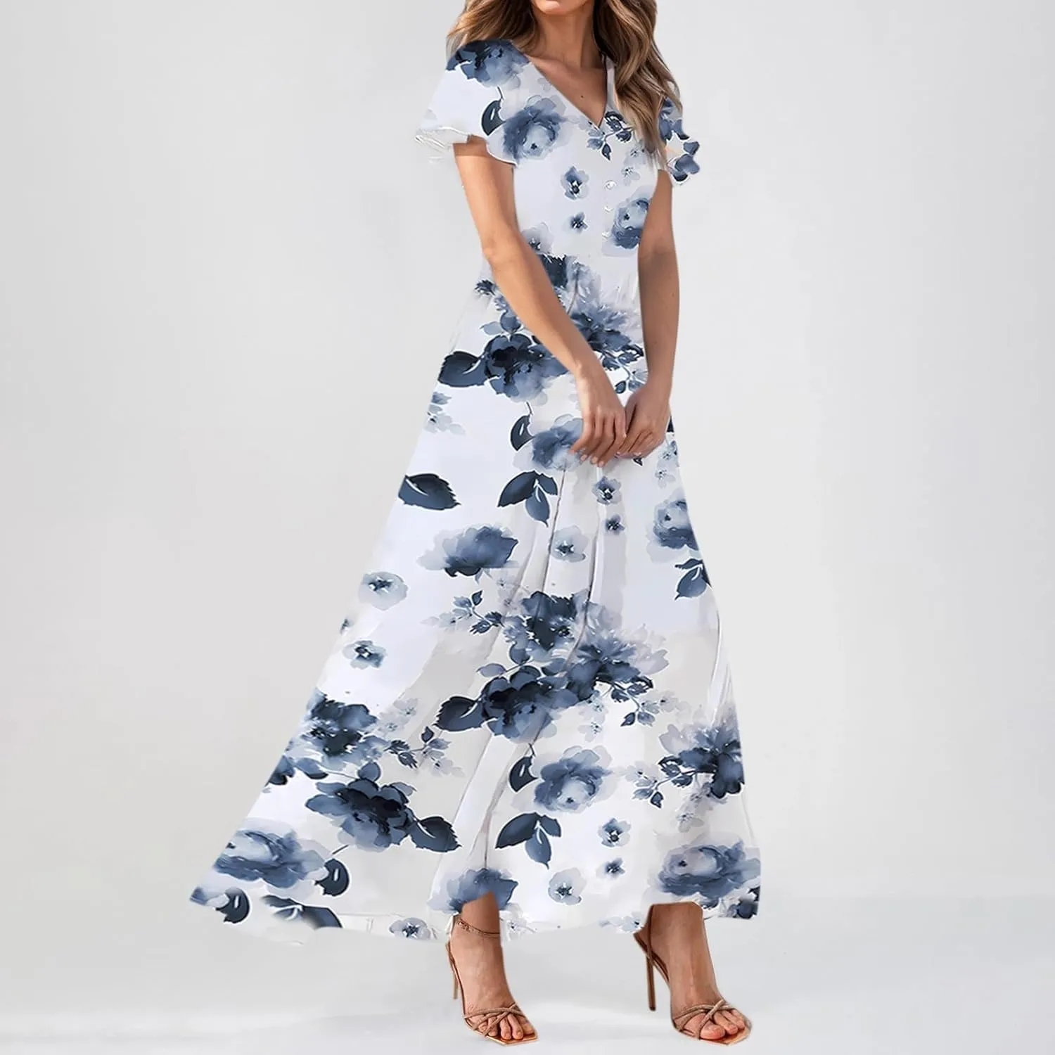 Summer Dresses for Women 2025 Floral V Neck Wrap Short Sleeve Dress Flowy Ruffle Elegant Casual Wedding Guest Dresses