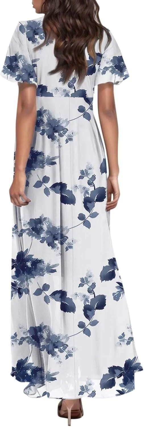 Summer Dresses for Women 2025 Floral V Neck Wrap Short Sleeve Dress Flowy Ruffle Elegant Casual Wedding Guest Dresses