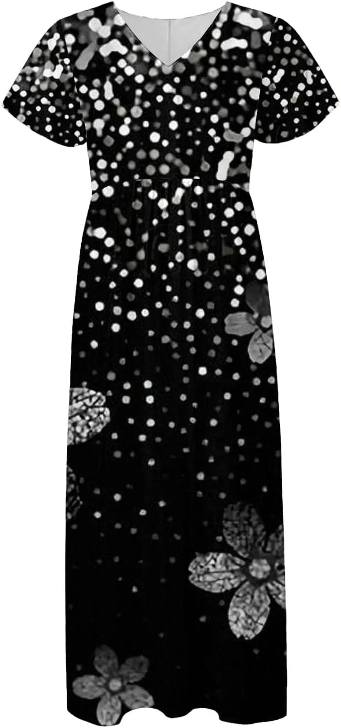 Summer Dresses for Women 2025 Floral V Neck Wrap Short Sleeve Dress Flowy Ruffle Elegant Casual Wedding Guest Dresses