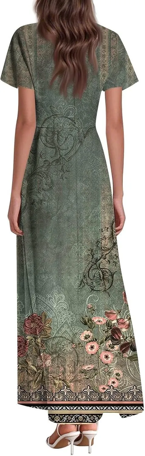 Summer Dresses for Women 2025 Floral V Neck Wrap Short Sleeve Dress Flowy Ruffle Elegant Casual Wedding Guest Dresses