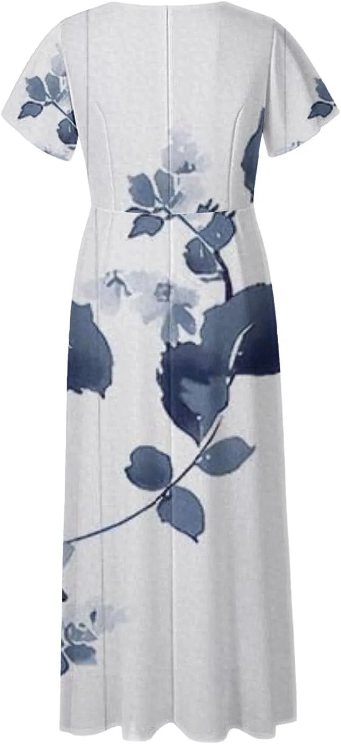 Summer Dresses for Women 2025 Floral V Neck Wrap Short Sleeve Dress Flowy Ruffle Elegant Casual Wedding Guest Dresses