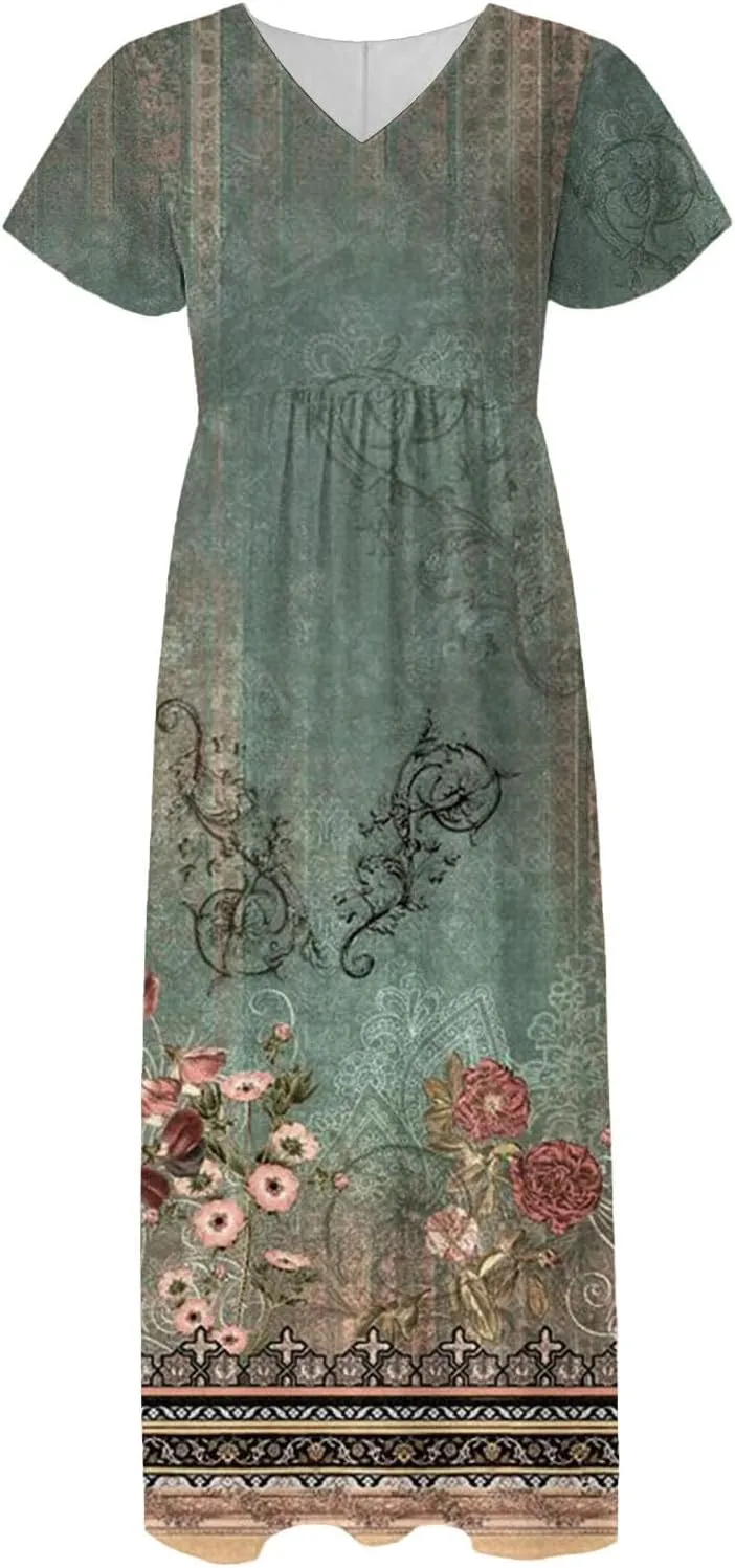 Summer Dresses for Women 2025 Floral V Neck Wrap Short Sleeve Dress Flowy Ruffle Elegant Casual Wedding Guest Dresses