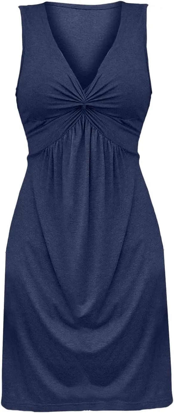 Summer Dresses for Women 2025 Trendy A-Line V Neck Sleeveless Dress Knotted Front Sundress Beach Vacation Outfits