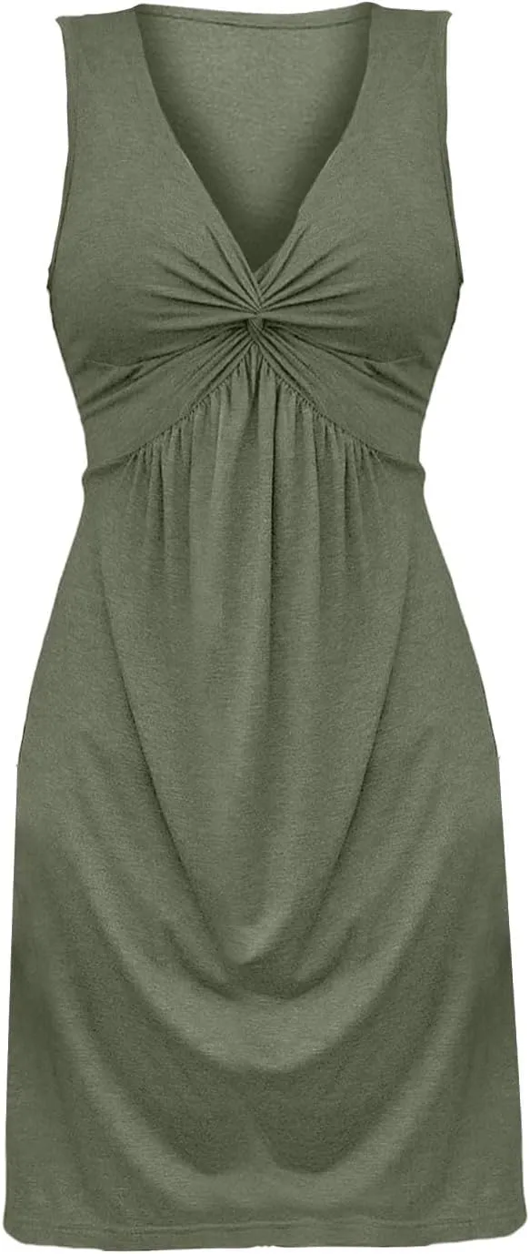 Summer Dresses for Women 2025 Trendy A-Line V Neck Sleeveless Dress Knotted Front Sundress Beach Vacation Outfits