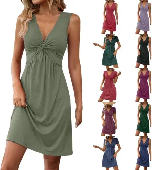 Summer Dresses for Women 2025 Trendy A-Line V Neck Sleeveless Dress Knotted Front Sundress Beach Vacation Outfits