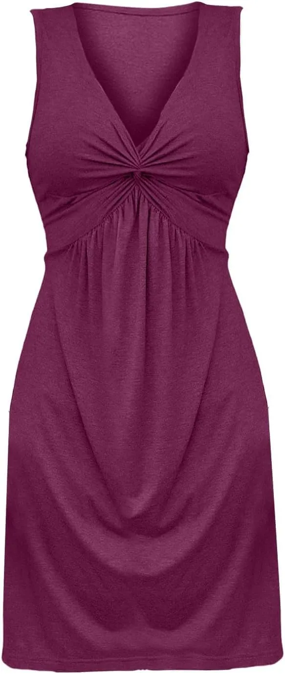 Summer Dresses for Women 2025 Trendy A-Line V Neck Sleeveless Dress Knotted Front Sundress Beach Vacation Outfits