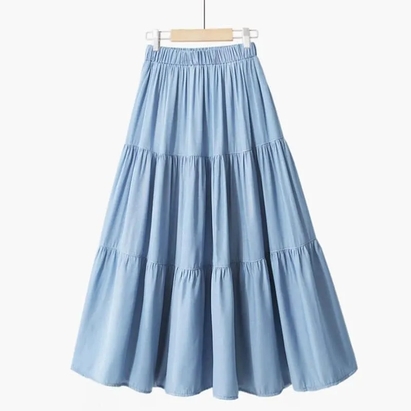 Summer Midi Long Denim Skirt, Women's Vintage High Waist Soft Retro A-Line Jean, Female Pleated Design